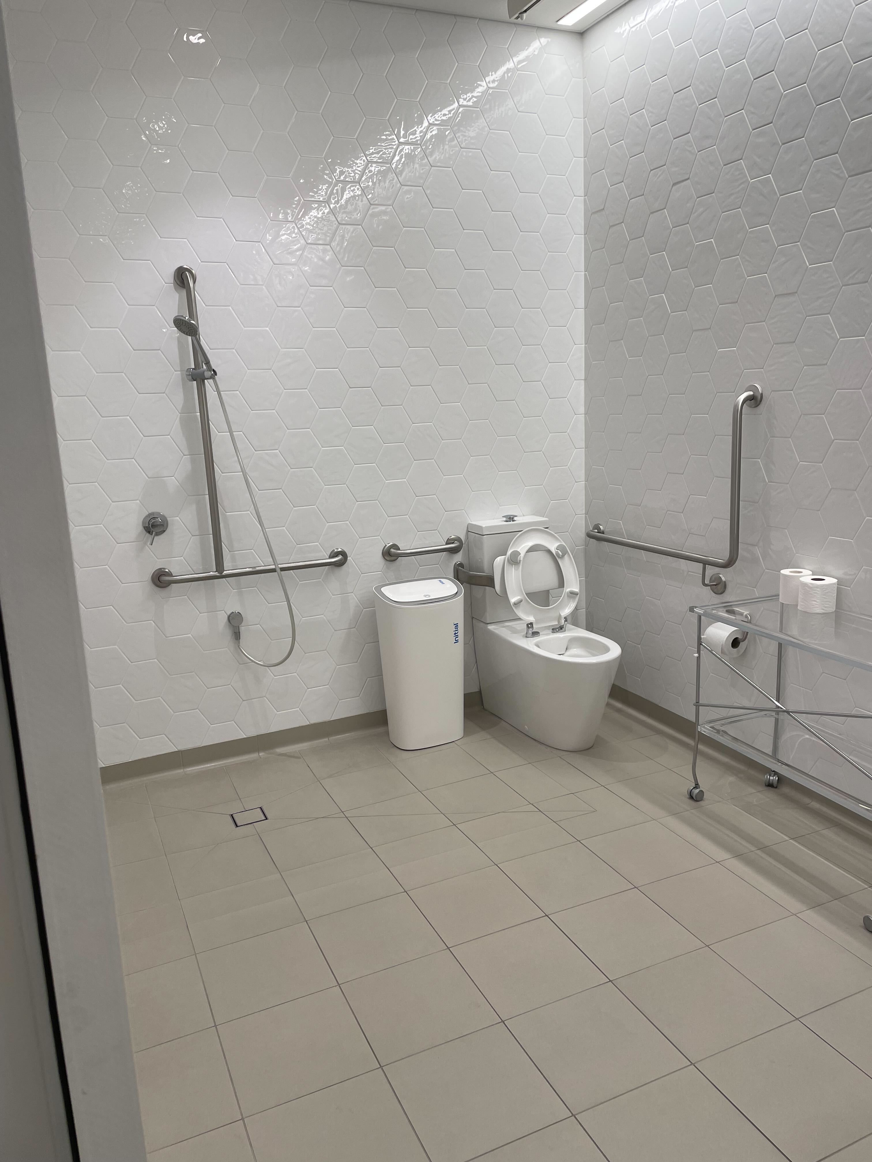 Image of inside the accessible bathroom and shower. The floor tiles are grey, and the wall tiles are white. The toilet has railings attached, a sanitary bin and an adjustable shower next to it. 