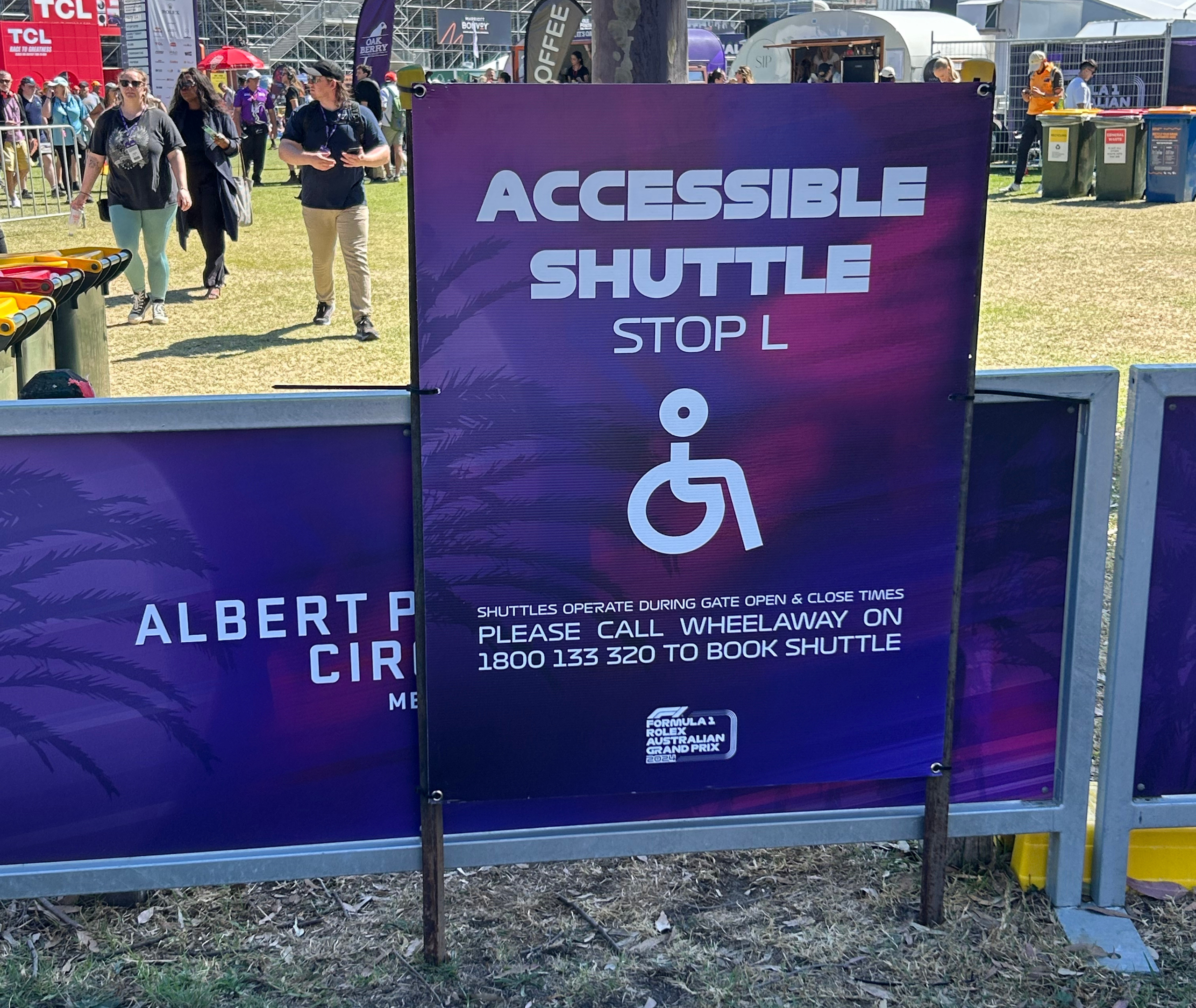 An accessible shuttle signage at the 2024 Australian Grand Prix