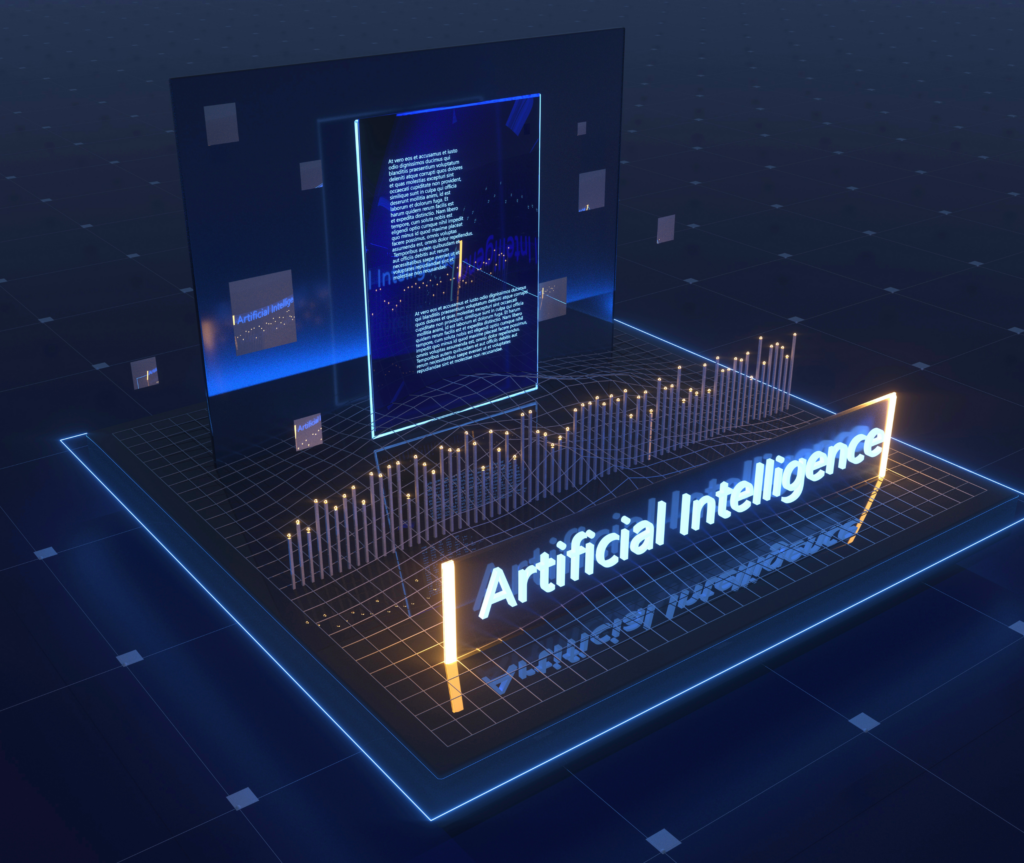 The words 'Artificial Intelligence' are highlighted, with code displayed in the background.