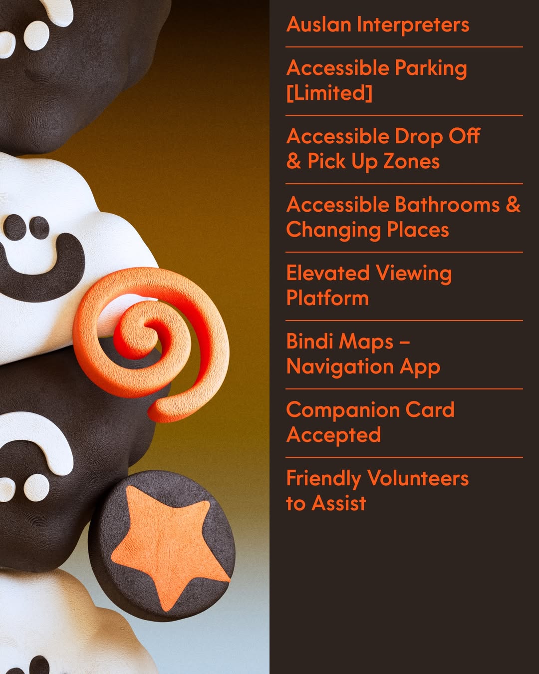 List of accessibility features including Auslan interpreters and accessible facilities.