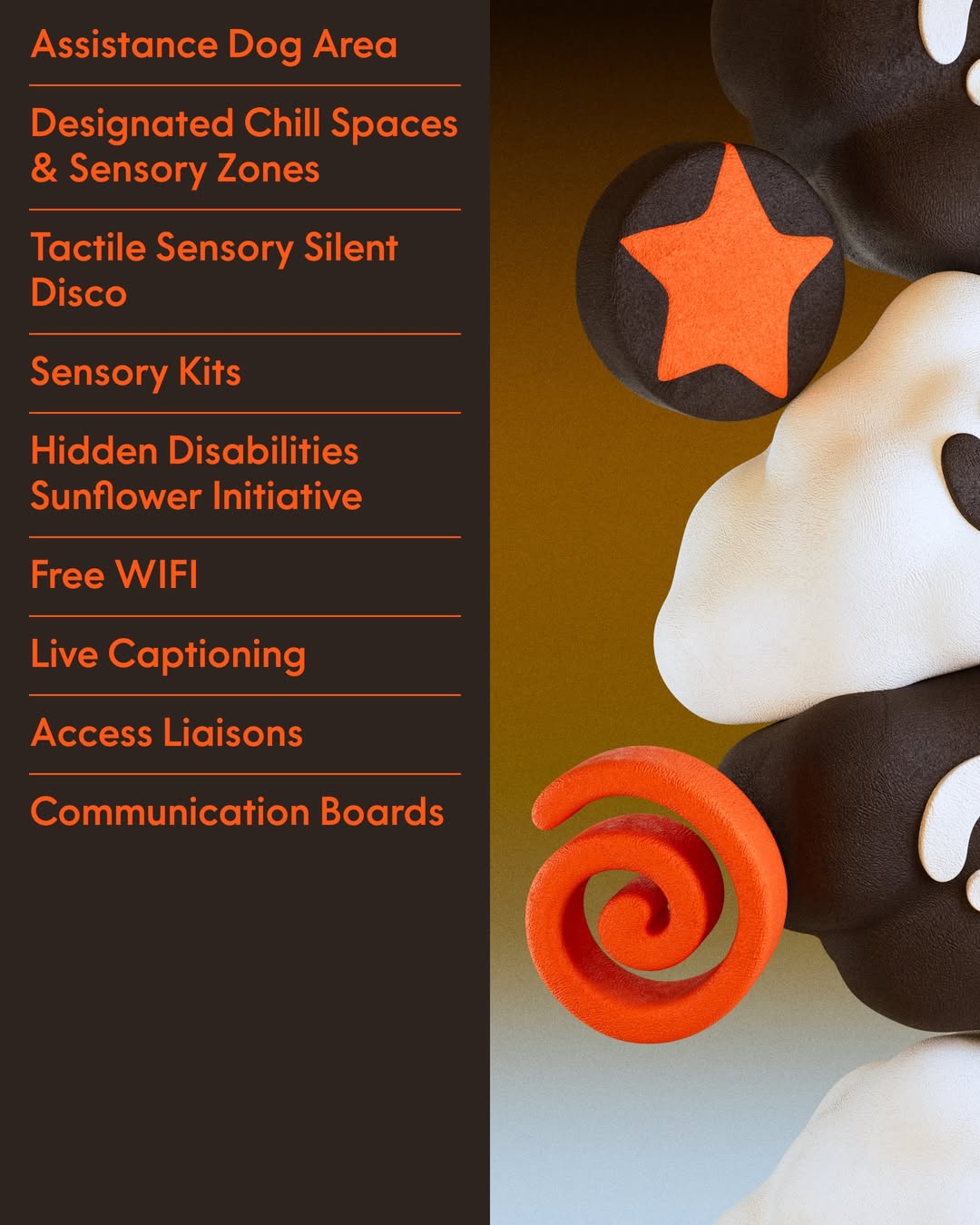 List of accessibility features including sensory spaces, assistance dog area, and live captioning.
